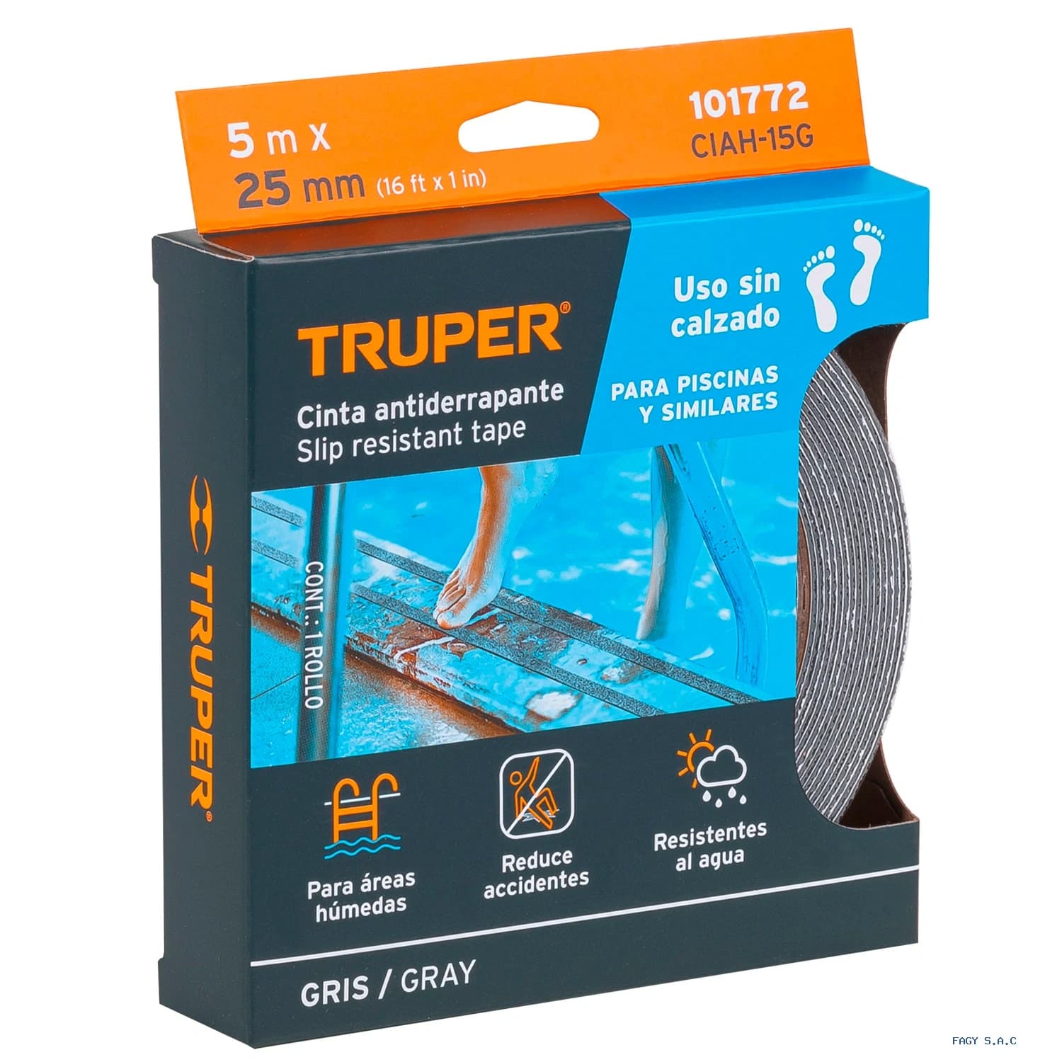 Rollo de 5 m cinta antiderrapante 25mm gris p/áreas húmedas 101772 - Truper