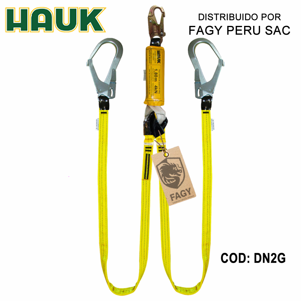 Línea conexión doble,1.8m, amortiguador,1 gancho 3/4″, 2 ganchos 2¼” HAUK DN2G