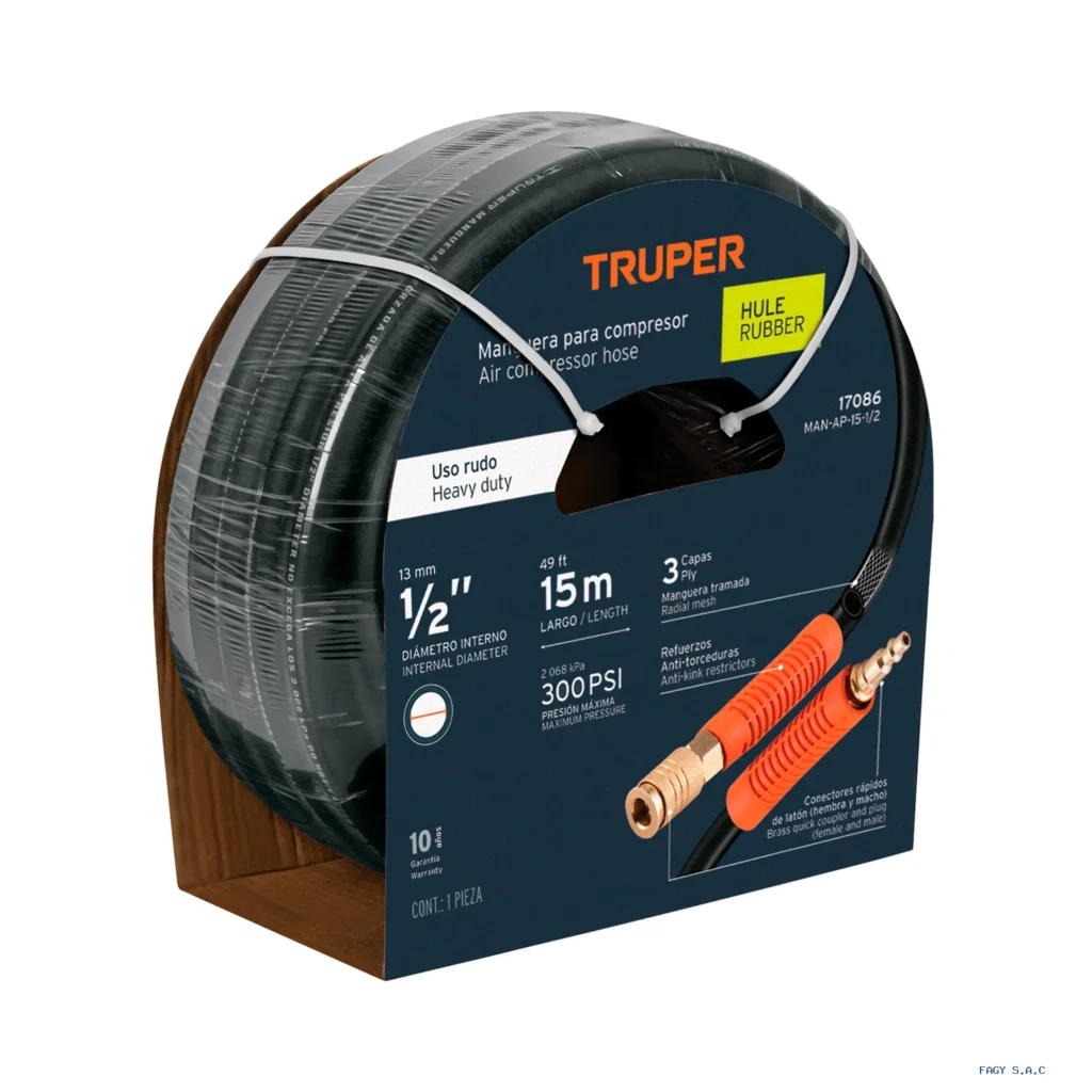 Manguera para compresor, de hule, 15m x 1/2", Truper 17086