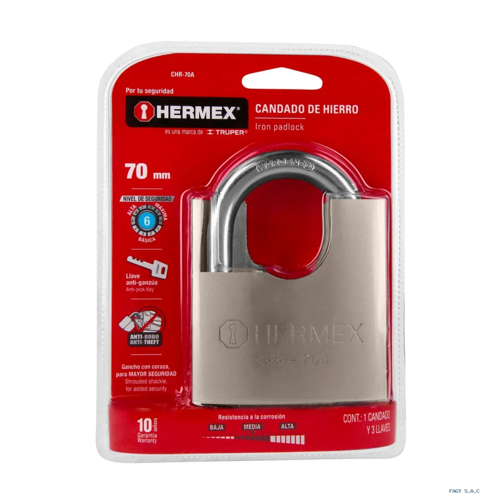Candado de hierro 70 mm con coraza, llave anti-ganzúa 43003