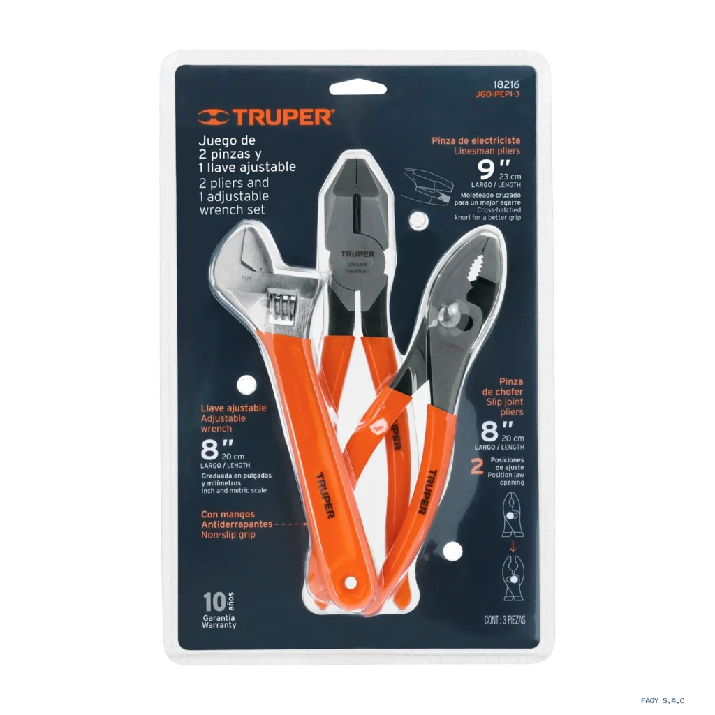 Juego con 2 alicates/pinzas y 1 llave ajustable  mango de PVC, Truper 18216