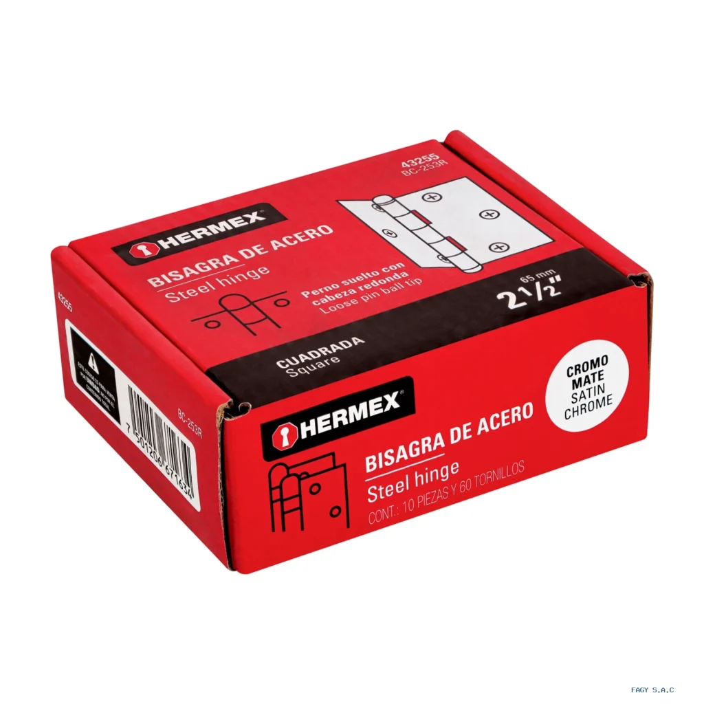 Bisagra cuadrada 2-1/2", satinado, cabeza redonda, HERMEX 43255