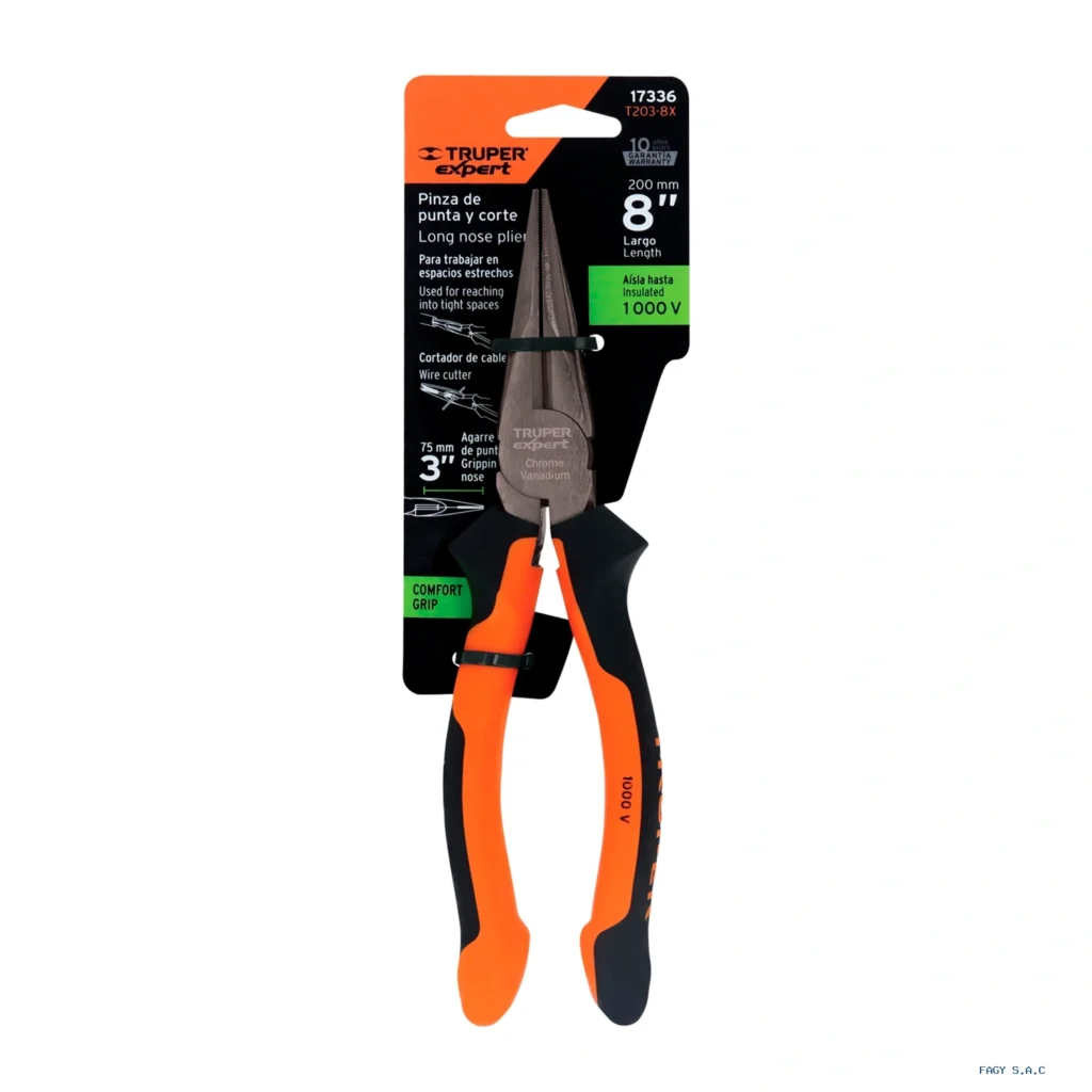 Alicate pinza punta y corte 8" mango Comfort Grip, Truper Expert 17336
