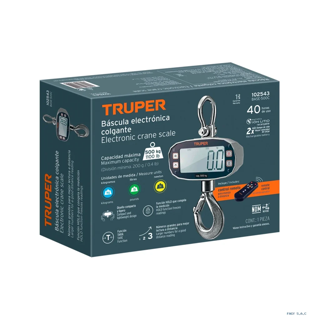 Báscula electrónica colgante, recargable, 500 kg, Truper 102543