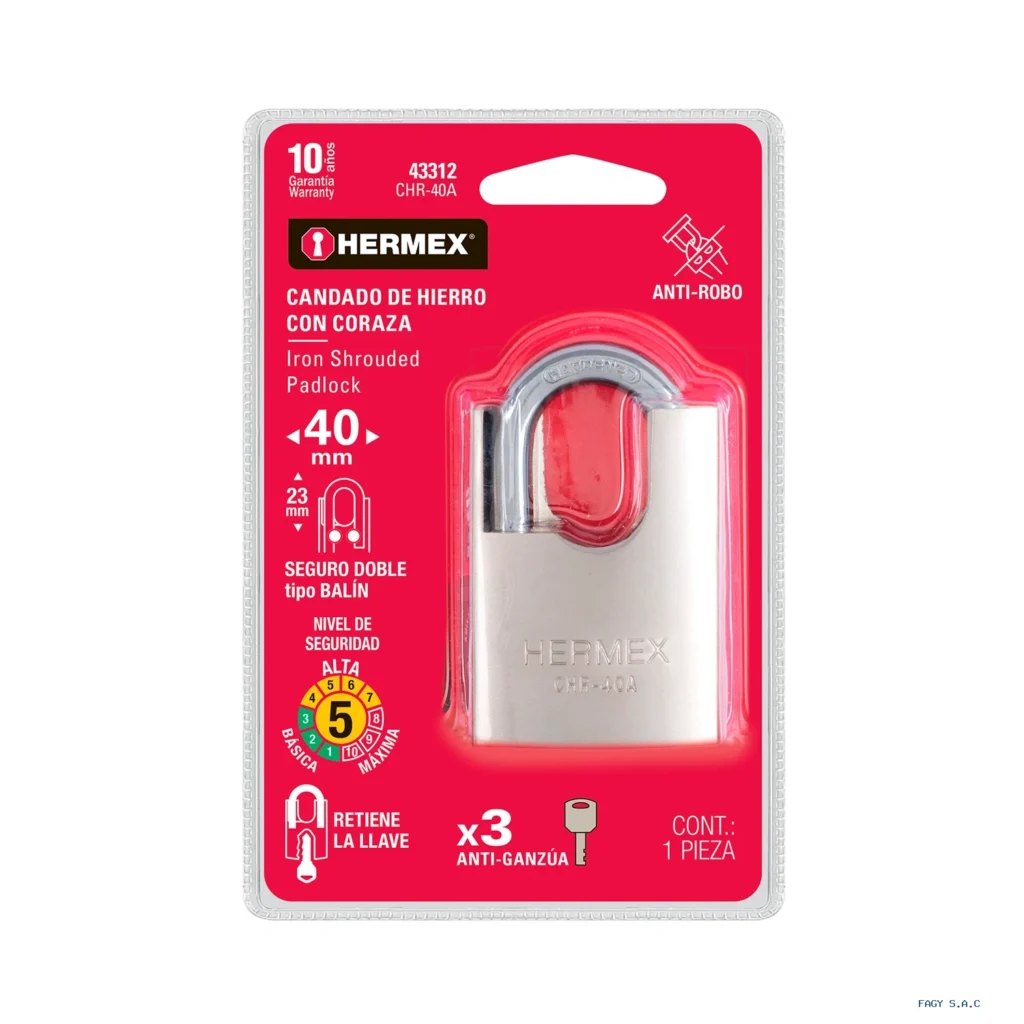 Candado de hierro 40 mm con coraza, llave anti-ganzúa 43312