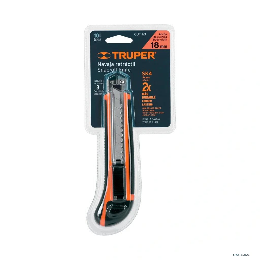 Cutter 18 mm profesional con alma metálica y grip Truper 16977