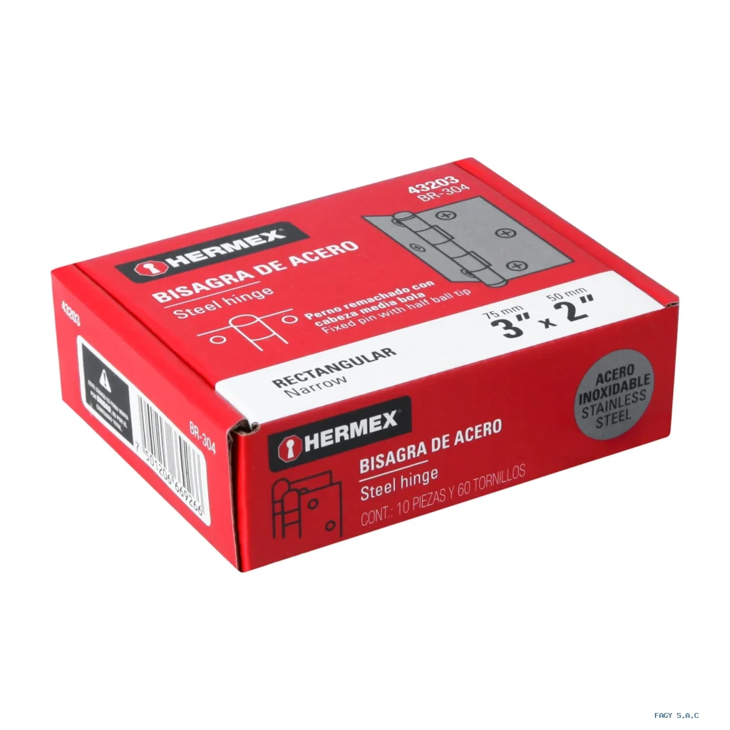 Bisagra rectangular 3" acero inoxidable, HERMEX 43203