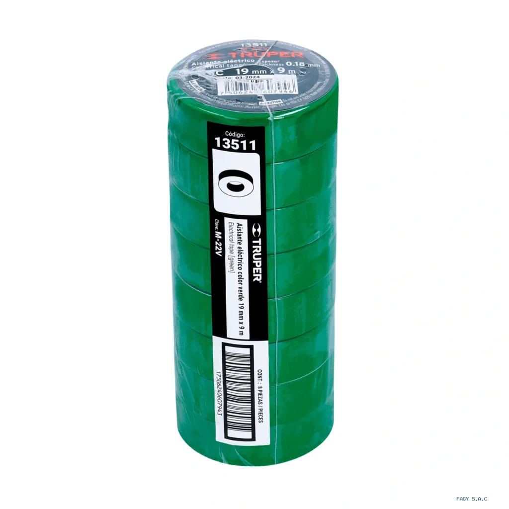 Cinta de aislar de 9 m x 19 mm, verde, Truper 13511