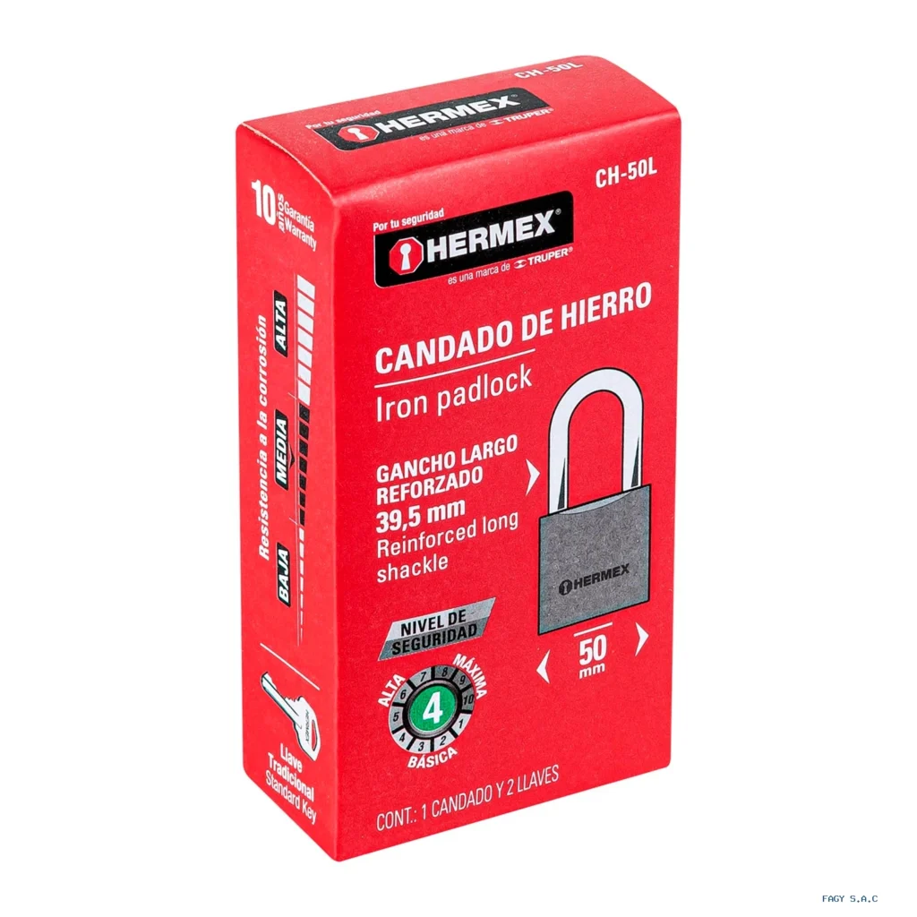 Candado de hierro 50 mm gancho largo en caja, HERMEX 43325