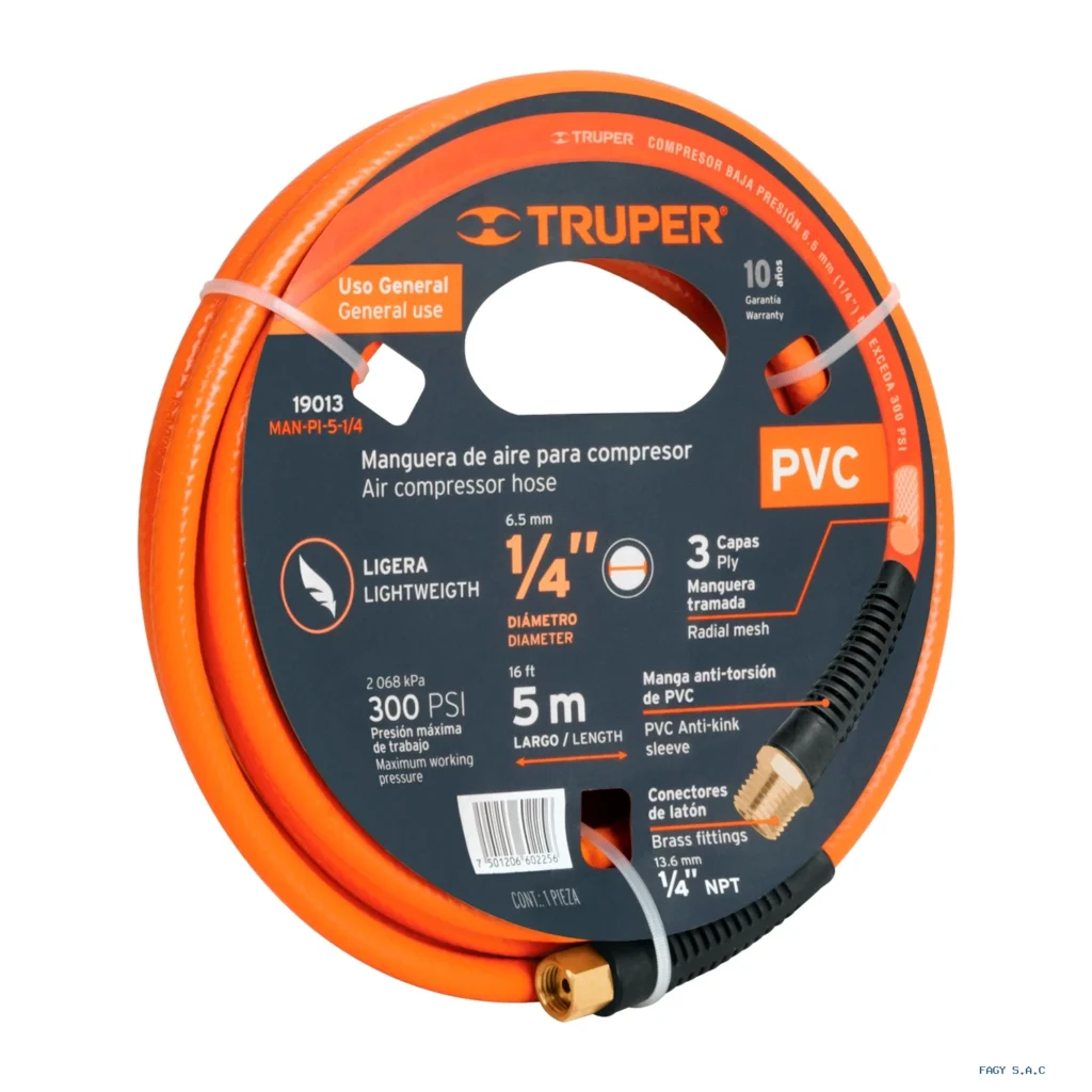 Manguera para compresor, de PVC, 5m x 1/4", Truper 19013