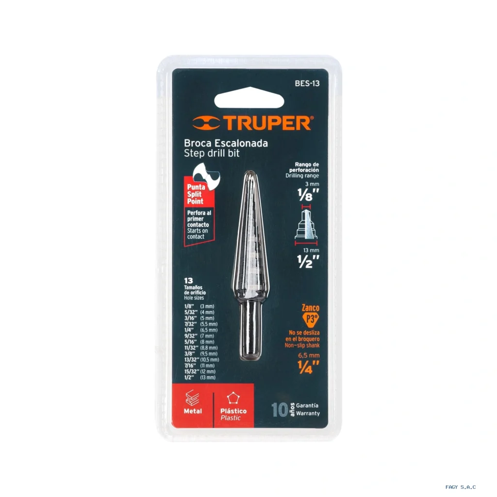 Broca escalonada óxido negro 13 escalones 1/8" a 1/2”,Truper 12122