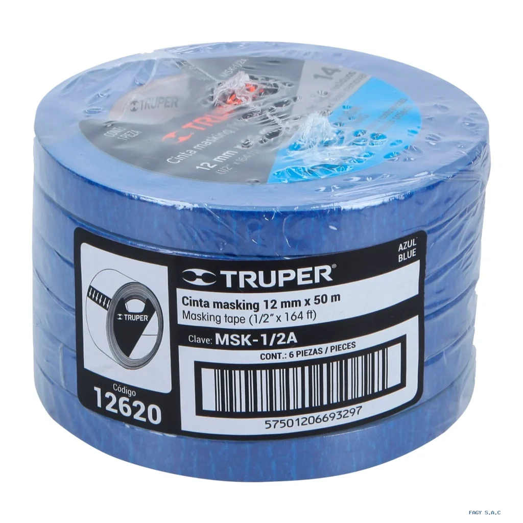 Cinta masking tape azul de 1/2" x 50 m para pintor, Truper 12620