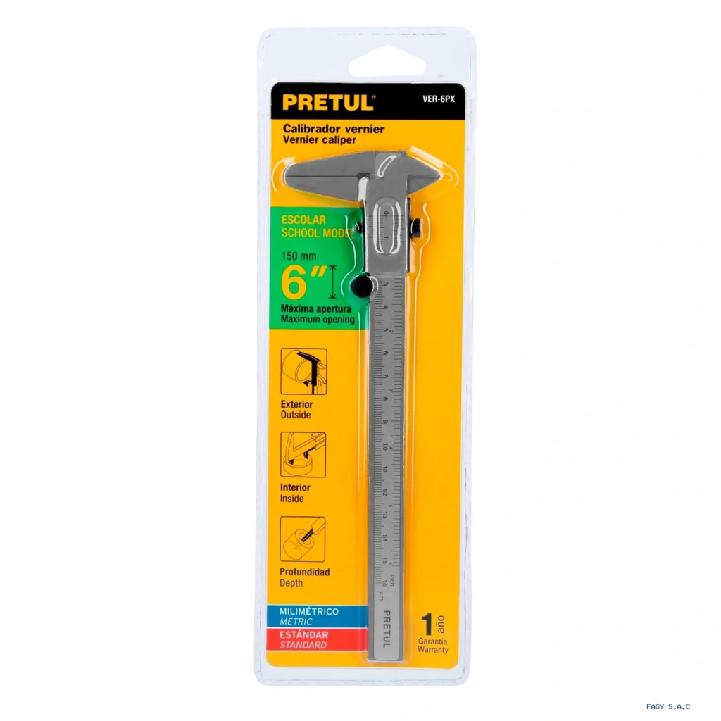 Calibrador vernier escolar 6", acero, std y mm, PRETUL 21455