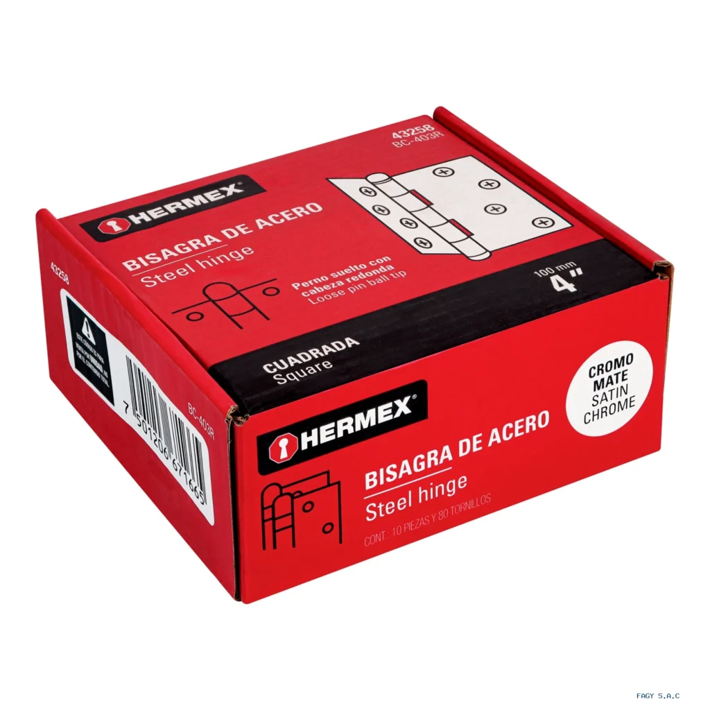 Bisagra cuadrada 4", satinado, cabeza redonda, HERMEX 43258