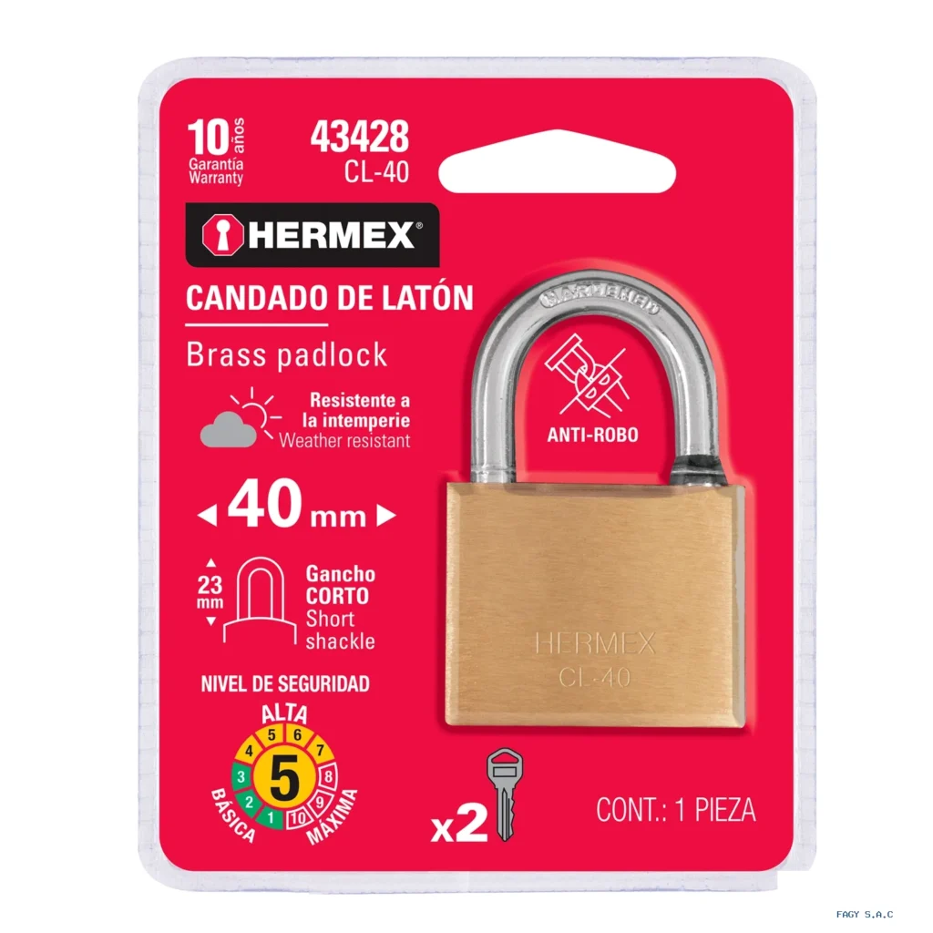 Candado de latón 40 mm gancho corto en blíster, HERMEX 43428