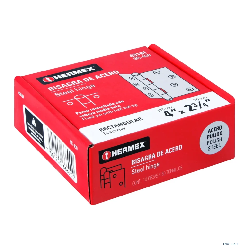 Bisagra rectangular 4" acero pulido, HERMEX 43191