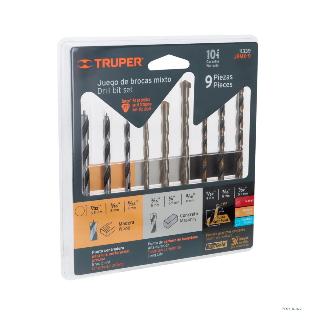 Juego de 9 brocas para metal, concreto y madera, Truper 11339