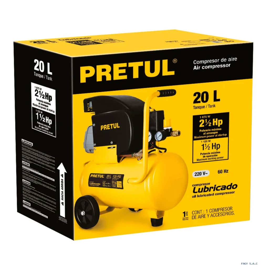 Compresor lubricado de aire, 20 L, 220 V/60 Hz, Pretul 21680