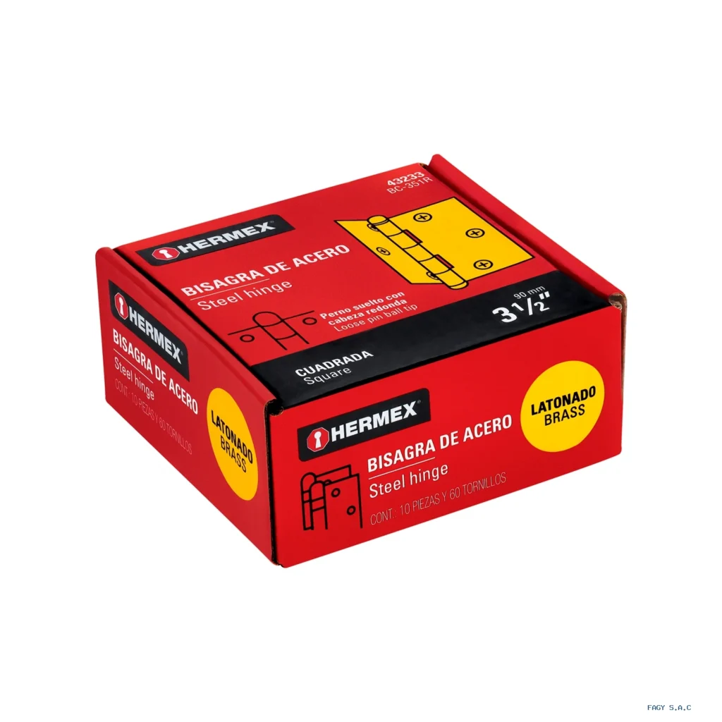 Bisagra cuadrada 3-1/2", latonado, cabeza redonda, HERMEX 43233