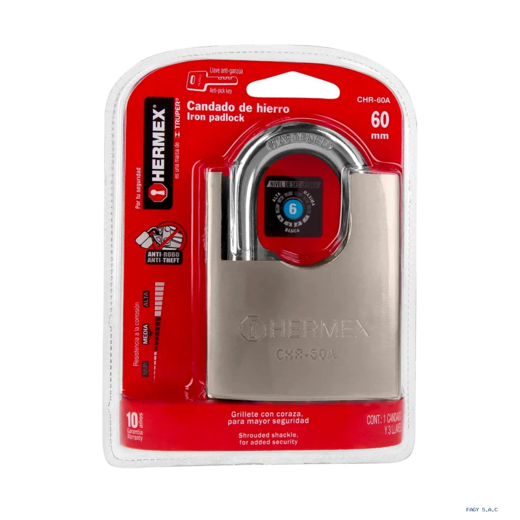 Candado de hierro 60 mm con coraza, llave anti-ganzúa 43314