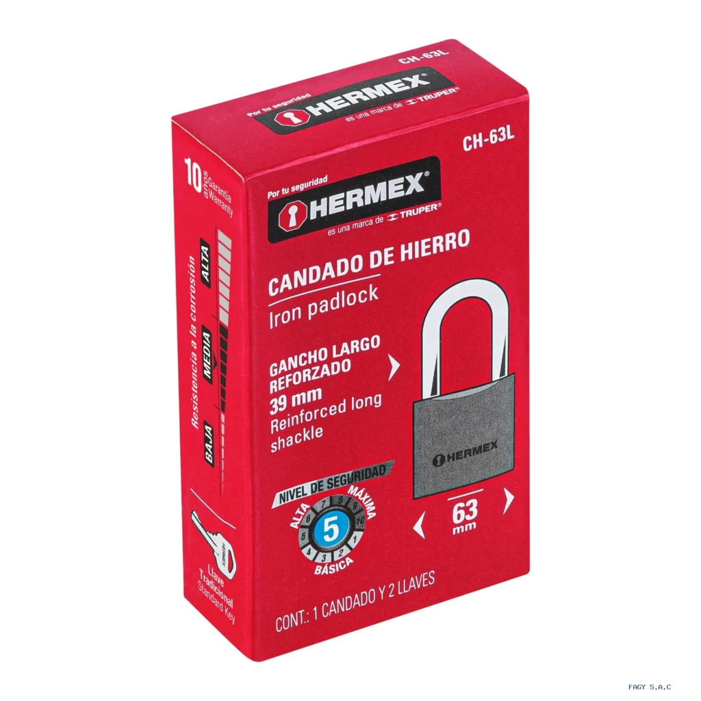 Candado de hierro 63 mm gancho largo en caja, HERMEX 43802